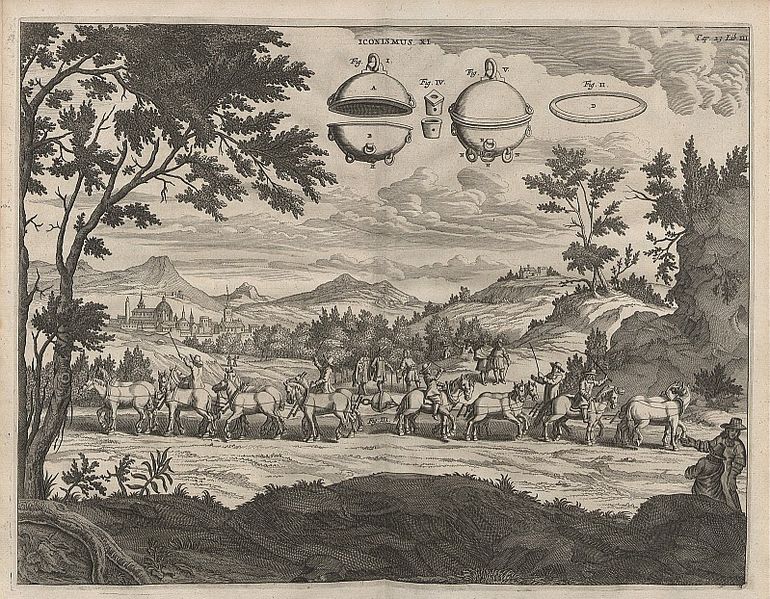 Eksperyment O. von Guerickego z półkulami magdeburskimi (Otto von Guericke, von Guerickes Halbkugelexperiment, Physik & Vakuumtechnik & Luftdruck 1672)