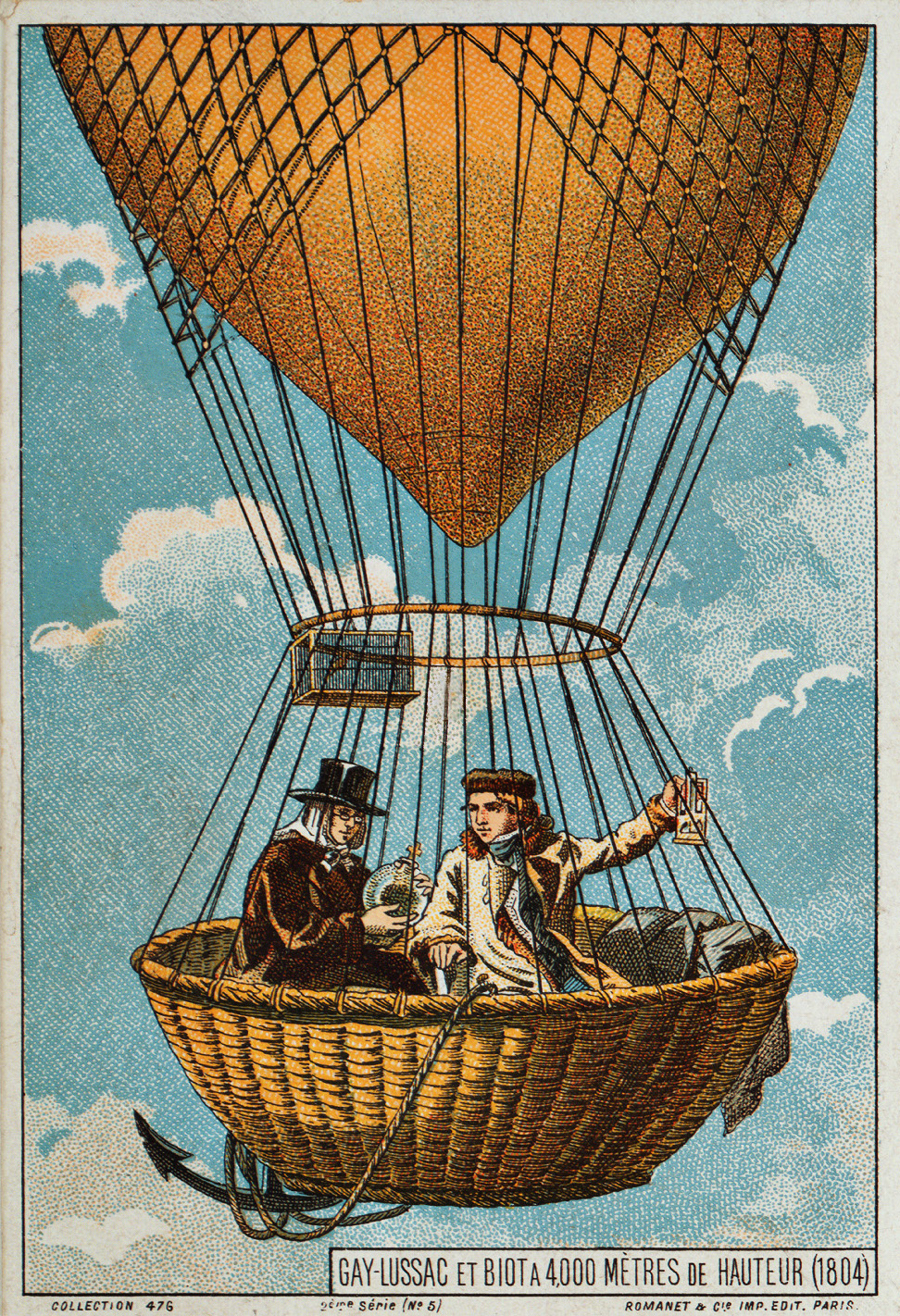 Gay-Lussac i Biot w balonie, 1804 r. Obrazek z wieku XIX opublikowany przez Paris: Romanet & cie., imp. edit., w okresie pomiędzy 1890-1900 rokiem.