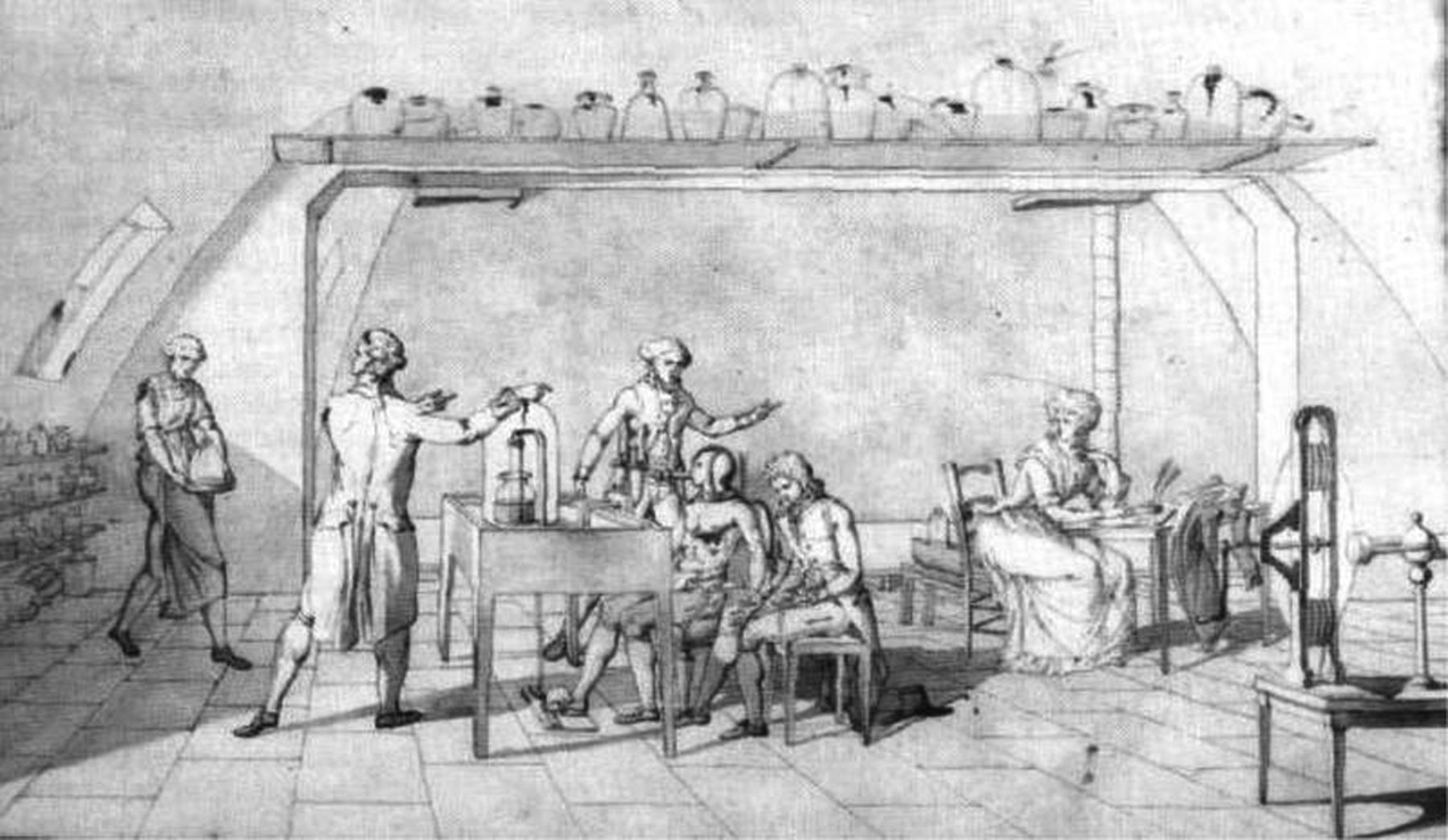Rysunek M. Lavoisier przedstawiający eksperymenty nad oddychaniem.